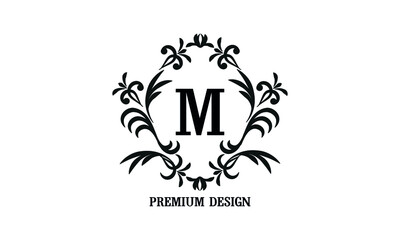 Exquisite company brand sign with letter M. Black and white logo for cafe, bar, restaurant, invitation, wedding. Business style.