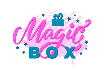 Vector illustration of magic box lettering for banner, advertisement, catalog, leaflet, poster, signage, product design. Handwritten text on pink pastel background with texture
