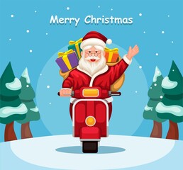 Santa riding motorbike to deliver gift box for children in christmas season cartoon illustration vector