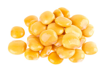 Pickled yellow lupine beans isolated on white background. Tournus, preserved lupinus. Top view.