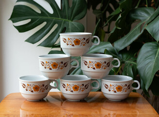 Mid-century modern porcelain cups on a wooden table with plants in the background