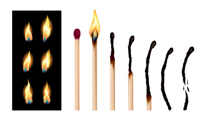Set of match sticks with burning sequence. Wooden matches in different stages burning and glowing red, blown out and completely burned. Abstract realistic  illustration