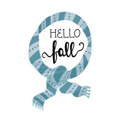 Cute hand-drawn fall card design. Hello fall hand lettering and warm knitted scarf. Vector cartoon isolated illustration