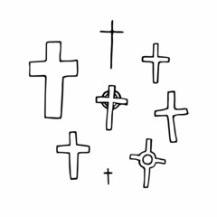 Doodle crosses set. Outline grave isolated on white background. Sign of Halloween, Day of the Dead, burial, RIP, church. Religious sketch symbol of different shapes. Vector Gothic illustration