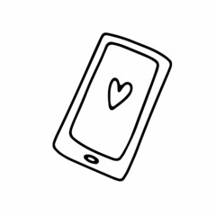 Doodle smartphone with cute heart. Hand-drawn message chat on white background. Sign of communication, chatting, mail, dialog, Valentines Day, love. Phone screen with smiley. Vector line illustration