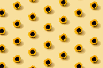 Autumn pattern in yellow and orange colour. Sunflower head minimal background. Creative layout.