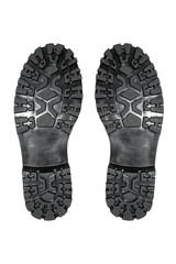 Rubber soles of military boots with tread on a white background.Studded sole of military boots top view.