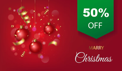 Red festive horizontal background for the New Year and Christmas with the inscription "Merry Christmas" with Christmas tree toys and gold sequins and streamer ribbons.The concept of a greeting banner