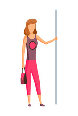 Woman in subway underground train car. Public transport, urban underground tube mass transit with standing passenger. Concept design
