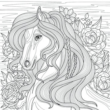 A horse in flowers.Coloring book antistress for children and adults. Illustration isolated on white background.Zen-tangle style. Hand draw