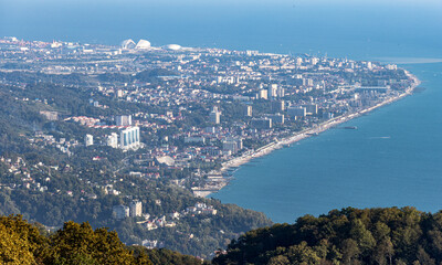 View of the Adler district of Sochi from the observation tower of Akhun mountain in Russia