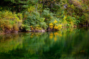 Lake Kaindy sunken forest in Kazakhstan. Beautiful mountain nature landscape. Blue lake Kolsai top view. Panoramic view of the nature reserve.