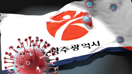 Covid in Gwangju - coronavirus attacking a city flag of Gwangju as a symbol of a fight and struggle with the virus pandemic in this city, 3d illustration