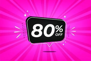 80 percent discount. Pink banner with floating balloon for promotions and offers.