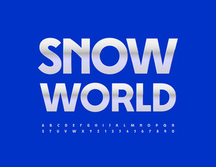 Vector Bright Emblem Snow World. White glossy Font. Artistic Alphabet Letters and Numbers