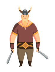 Viking man with horned helmet and two swords. Bearded men warrior or hero of scandinavian legends. Cartoon barbarian history character with weapon