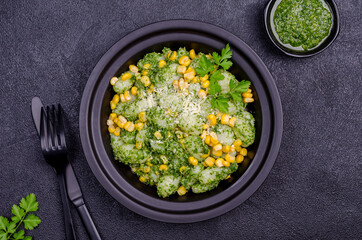 Gnocchi with corn and green sauce