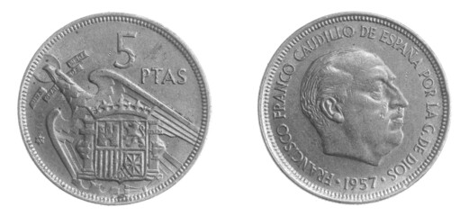 Spain five ptas coin on white isolated background