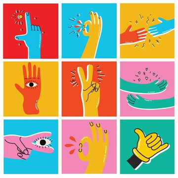 Set of cartoon style hands with Ok, Cool, friendship signs. Hand drawn vector trendy illustration. Flat design.