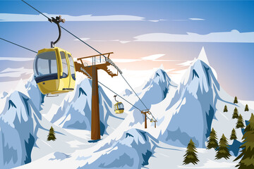 Winter mountains cable car Ski Gondola tram vector Holiday Christmas time - obrazy, fototapety, plakaty