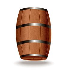 Realistic wooden barrel. Isolated oak cask with timber body with iron rings on white background.  realistic keg for whiskey, rum, cognac, wine, beer, kvass or other drinks