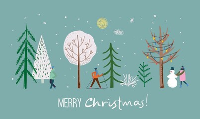 Vector hand drawing trendy abstract illustration of holiday cards of Merry Christmas and Happy New Year 2022 with christmas tree, winter forest, people and lettering.