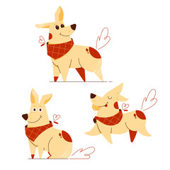 Cute dog in a handkerchief. The puppy in various poses turned its muzzle in surprise, sits, happily runs with a ball, plays. Vector flat pet character.