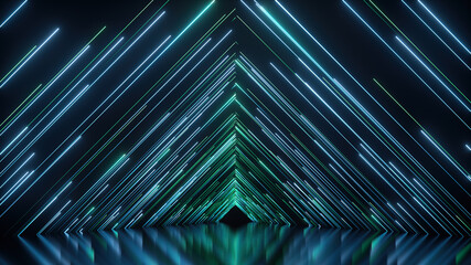 3d render. Abstract futuristic background with blue neon rays and glowing lines. Fantastic wallpaper. Empty stage with reflection, showcase for presentation