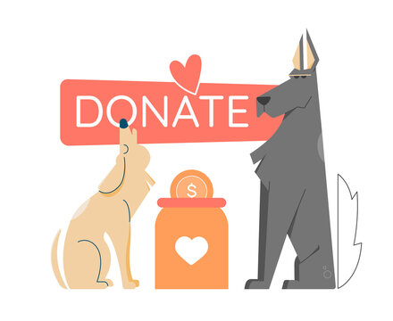 Two dogs sit next to a donation jar. Support for a dog shelter, homeless animals, volunteering. Vector flat illustration.