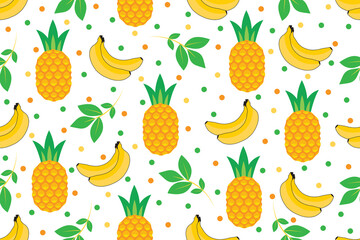 Pineapple, banana and flower seamless pattern