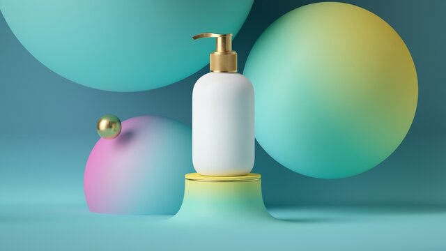 3d render, white cosmetic bottle with golden dispenser cap, blank mockup, isolated on blue background with colorful bubbles. Beauty product showcase presentation