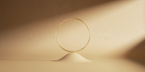 3d render, abstract beige background with round golden frame on a hill. Modern minimal scene for product presentation. Desolate landscape illuminated with sunlight