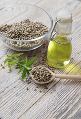 Hemp oil with hemp seeds in a wooden spoon and in a transparent plate on a light floor. The concept of alternative oils