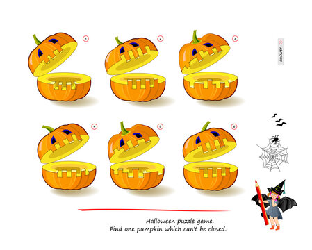 Logic game for smartest. 3D Halloween puzzle. Find one pumpkin which can't be closed. Printable page for brain teaser book. Developing spatial thinking. IQ test. Play online. Vector illustration.
