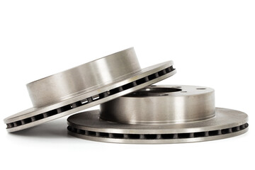A pair of ventilated car brake discs, isolated on white background