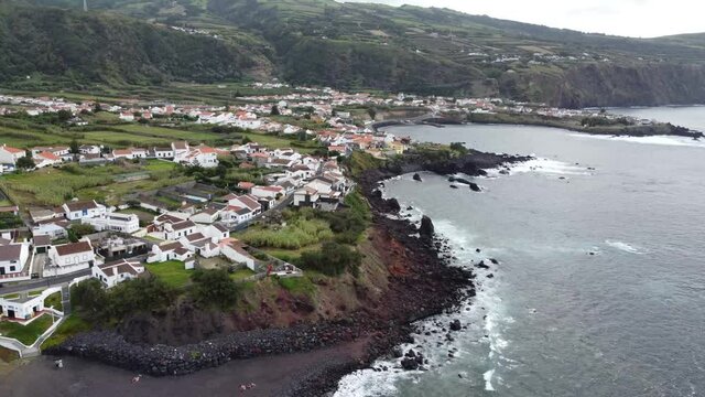 Mosteiros town, on the island of Ponda Delgada, aerial view of the Atlantic ocean