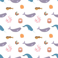 Sea animal seamless pattern with beluga, narwhale, seashell with pearl, coral. Undersea world habitants print. Hand drawn underwater life vector illustration. Funny cartoon marine animals character