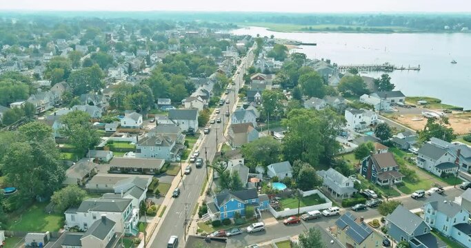 Aerial view of residential area on the american bay area NJ US suny day