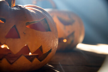 Halloween Pumpkins On Wood In A Spooky Night