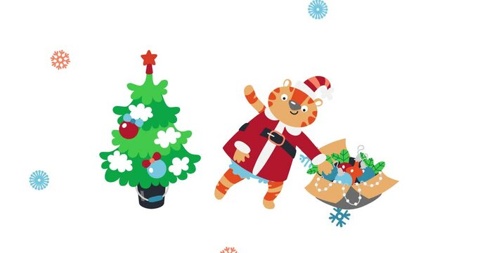 Christmas video. Tiger, tree, decor. A tiger dressed as Sana Claus decorates the Christmas tree with toys. Christmas background.