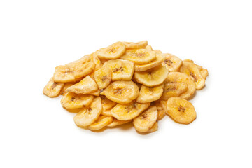 Banana chips isolated on a white background. Dehydrated banana.