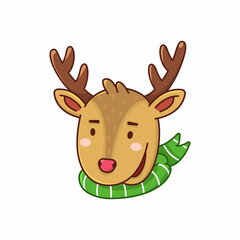 Portrait of Christmas deer wearing warm scarf. Holiday clipart in cartoon style isolated on white background - 459955182