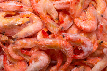 Fresh shrimps in ice. Top view.