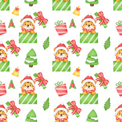 watercolor Seamless pattern with a cute christmas tigers .