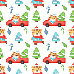watercolor Seamless pattern with a cute christmas tigers .