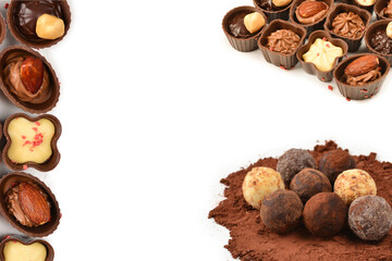 Mix of tasty chocolate candy collection isolated on white. Copy space.