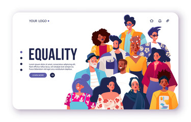 Equality, landing page template. Multinational people standing tougether. Relationships, the concept of friendship, equality, absence of ageism and racism in society. Cartoon flat vector  - obrazy, fototapety, plakaty