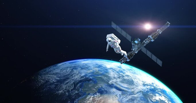 Astronaut Spacewalk In Space. Satellite And Space Station. Planet Earth. Space And Technology Related 4K 3D Animation.