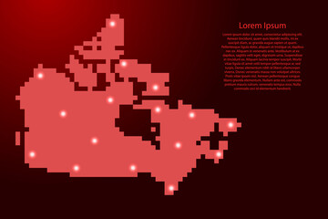 Canada map silhouette from red square pixels and glowing stars. Vector illustration.