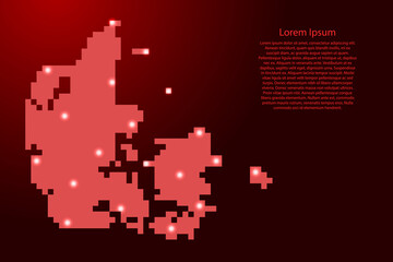 Denmark map silhouette from red square pixels and glowing stars. Vector illustration.